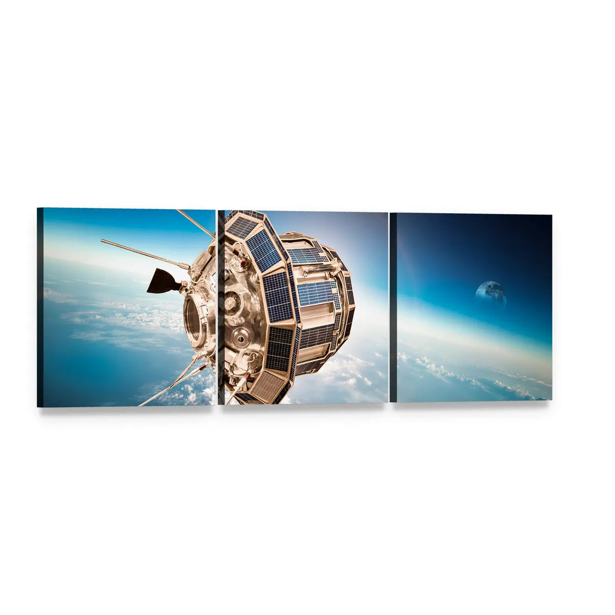 Satellite Orbiting Earth Panoramic Canvas Wall Art, 3 panel 3 Piece layout gallery wrapped canvas set, angled product view