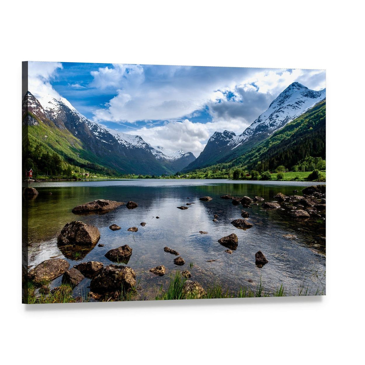 Norwegian Lake with Snow-capped Mountains Canvas Wall Art, single panel gallery wrapped canvas, angled product view