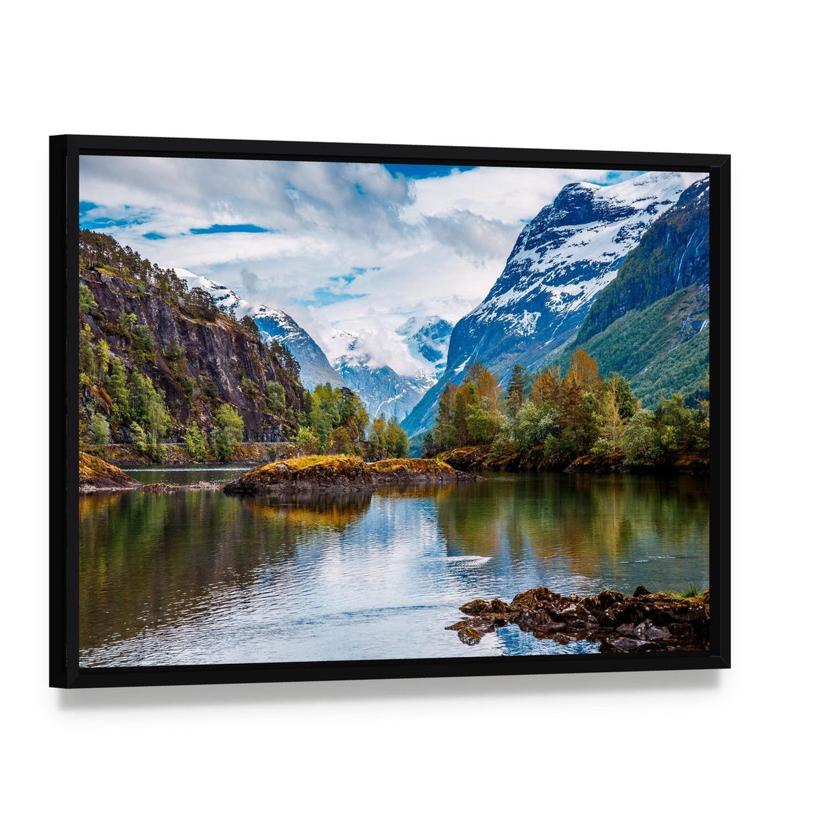 Norwegian Lake with Snow-capped Mountains Canvas Wall Art, framed canvas in a black floater frame, angled product view