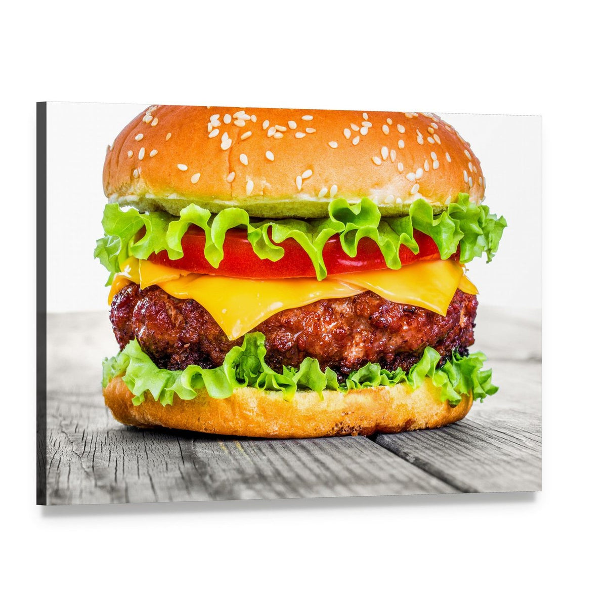 Tasty Hamburger with Sesame Seed Bun Canvas Wall Art, single panel gallery wrapped canvas, angled product view
