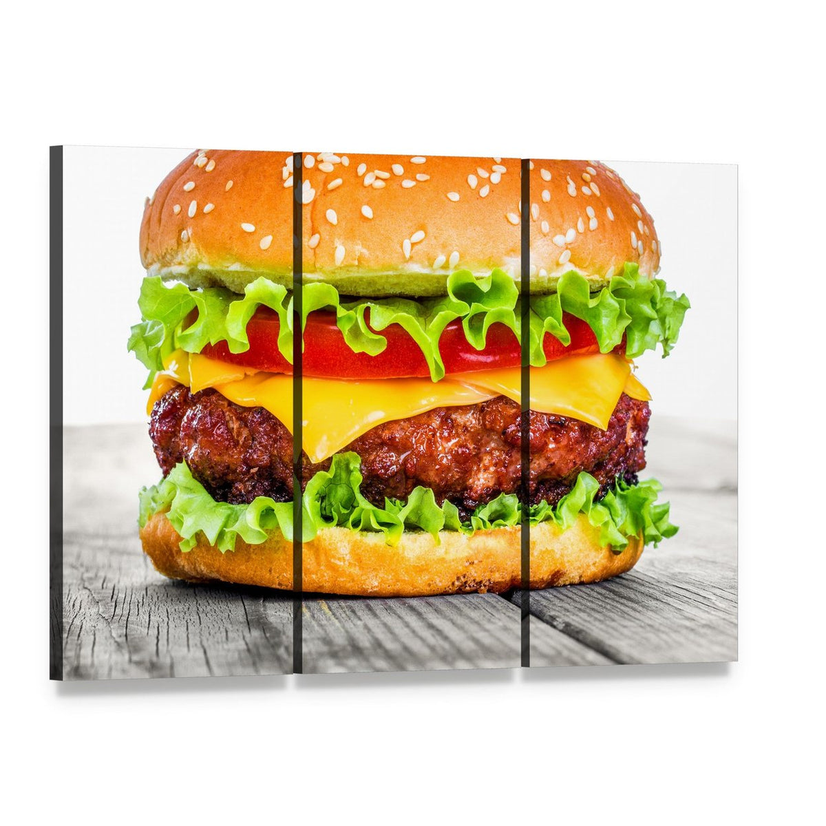 Tasty Hamburger with Sesame Seed Bun Canvas Wall Art, 3 panel 3 Horizontal layout gallery wrapped canvas set, angled product view
