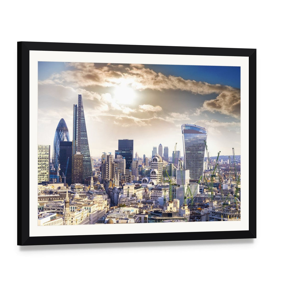 London Modern District Canvas Wall Art, framed print with white mat and black frame, angled product view