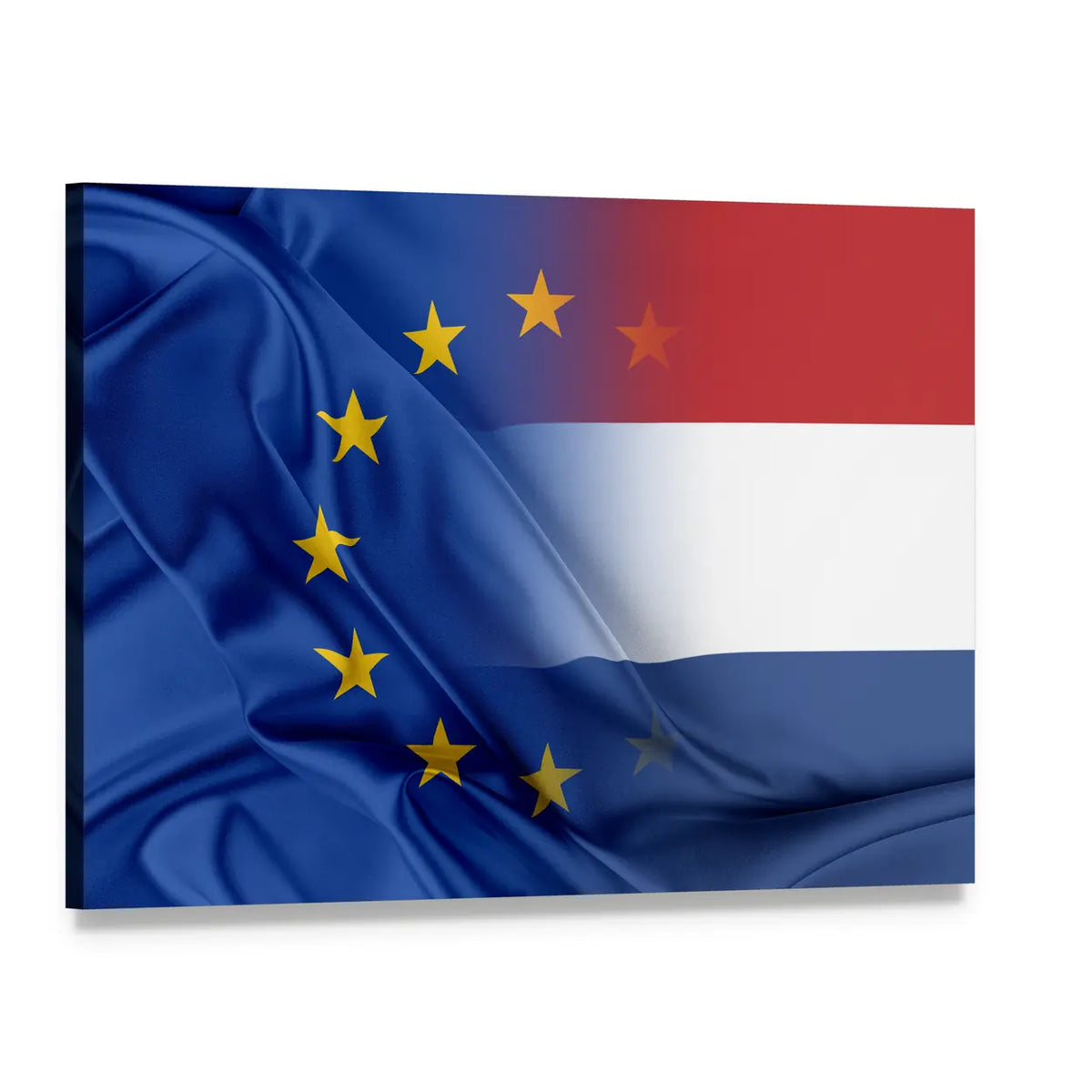 European Union and Netherlands Flag Overlay Canvas Wall Art, single panel gallery wrapped canvas, angled product view