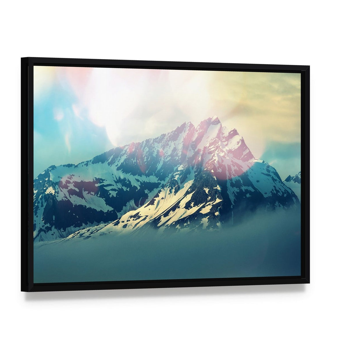Majestic Mountain Peak in Bright Light Canvas Wall Art, framed canvas in a black floater frame, angled product view