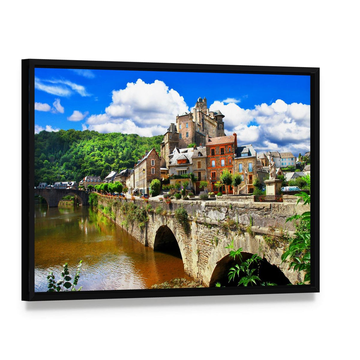 French Hilltop Village with Stone Bridge Canvas Wall Art, framed canvas in a black floater frame, angled product view