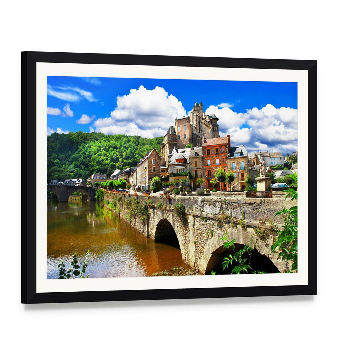 French Hilltop Village with Stone Bridge Canvas Wall Art, framed print with white mat and black frame, angled product view