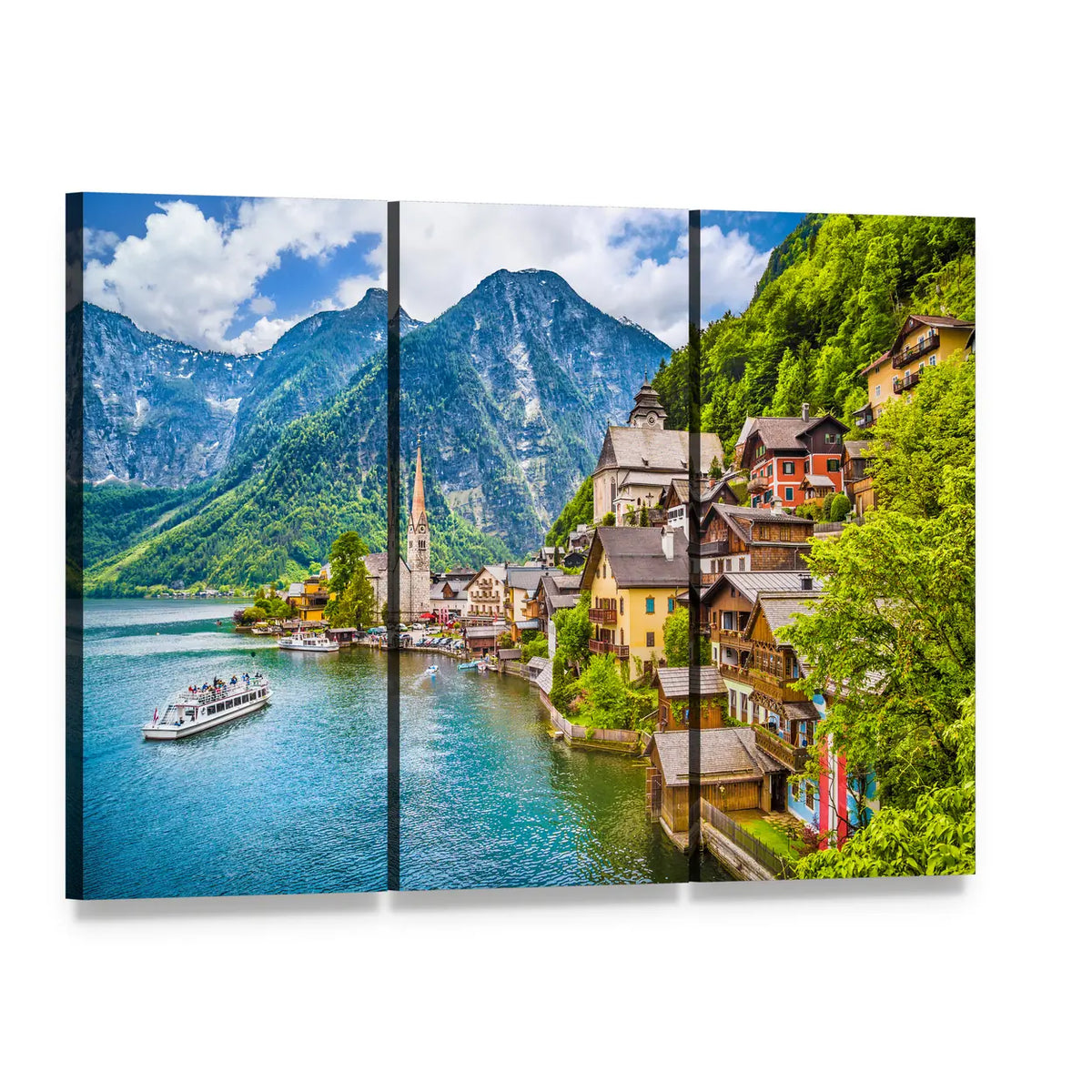 Hallstatt Mountain Village on Alpine Lake Canvas Wall Art, 3 panel 3 Horizontal layout gallery wrapped canvas set, angled product view
