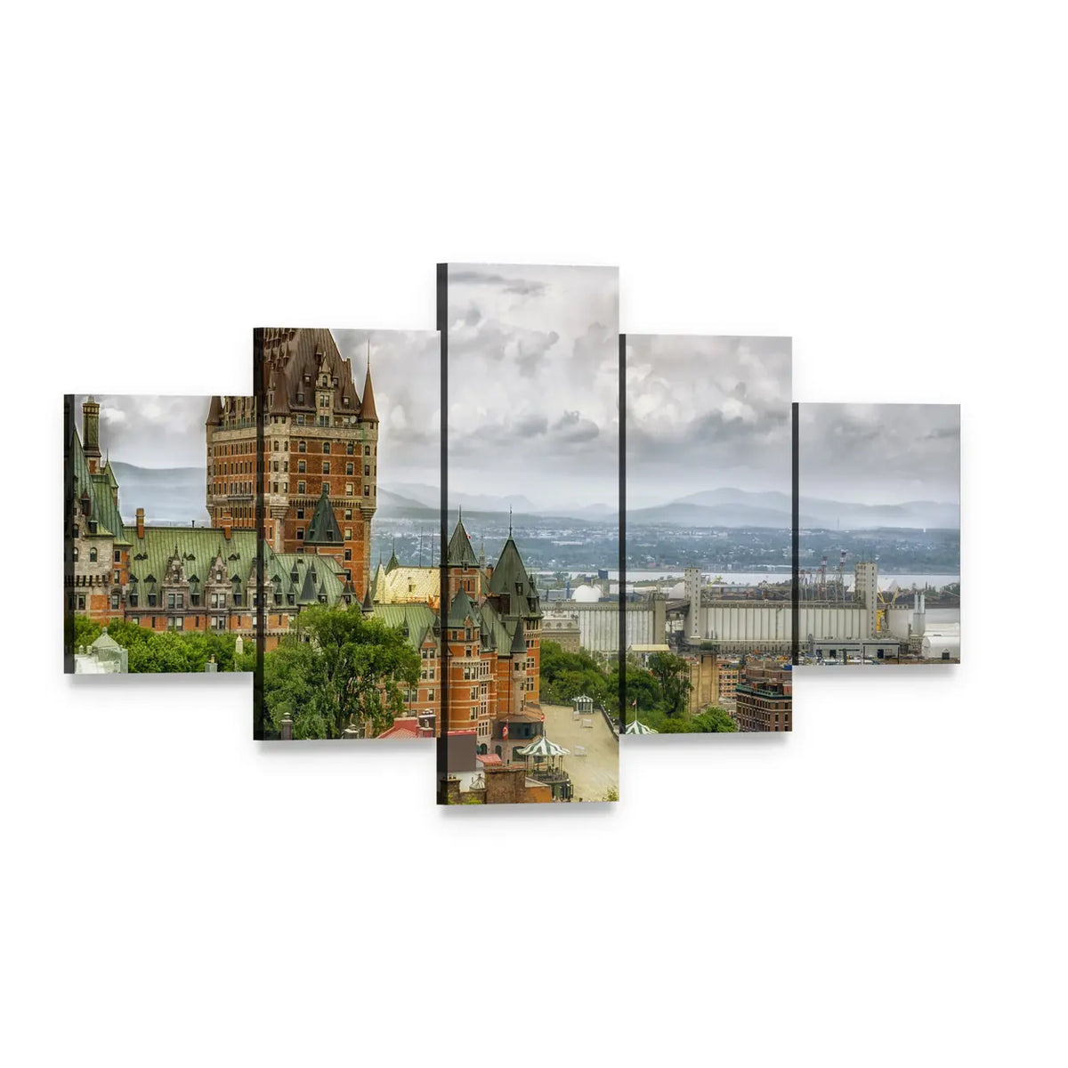 Château Frontenac Aerial View Quebec Canvas Wall Art, 5 panel 5 Star layout gallery wrapped canvas set, angled product view