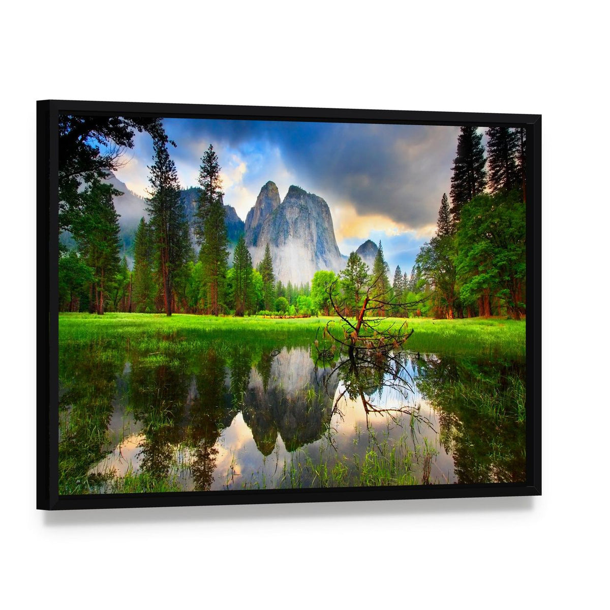 Sunset Reflections at Yosemite's Cathedral Rocks Canvas Wall Art, framed canvas in a black floater frame, angled product view