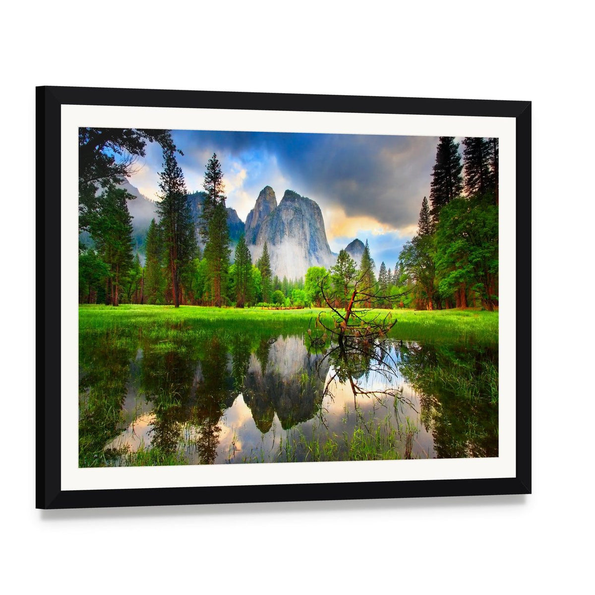 Sunset Reflections at Yosemite's Cathedral Rocks Canvas Wall Art, framed print with white mat and black frame, angled product view