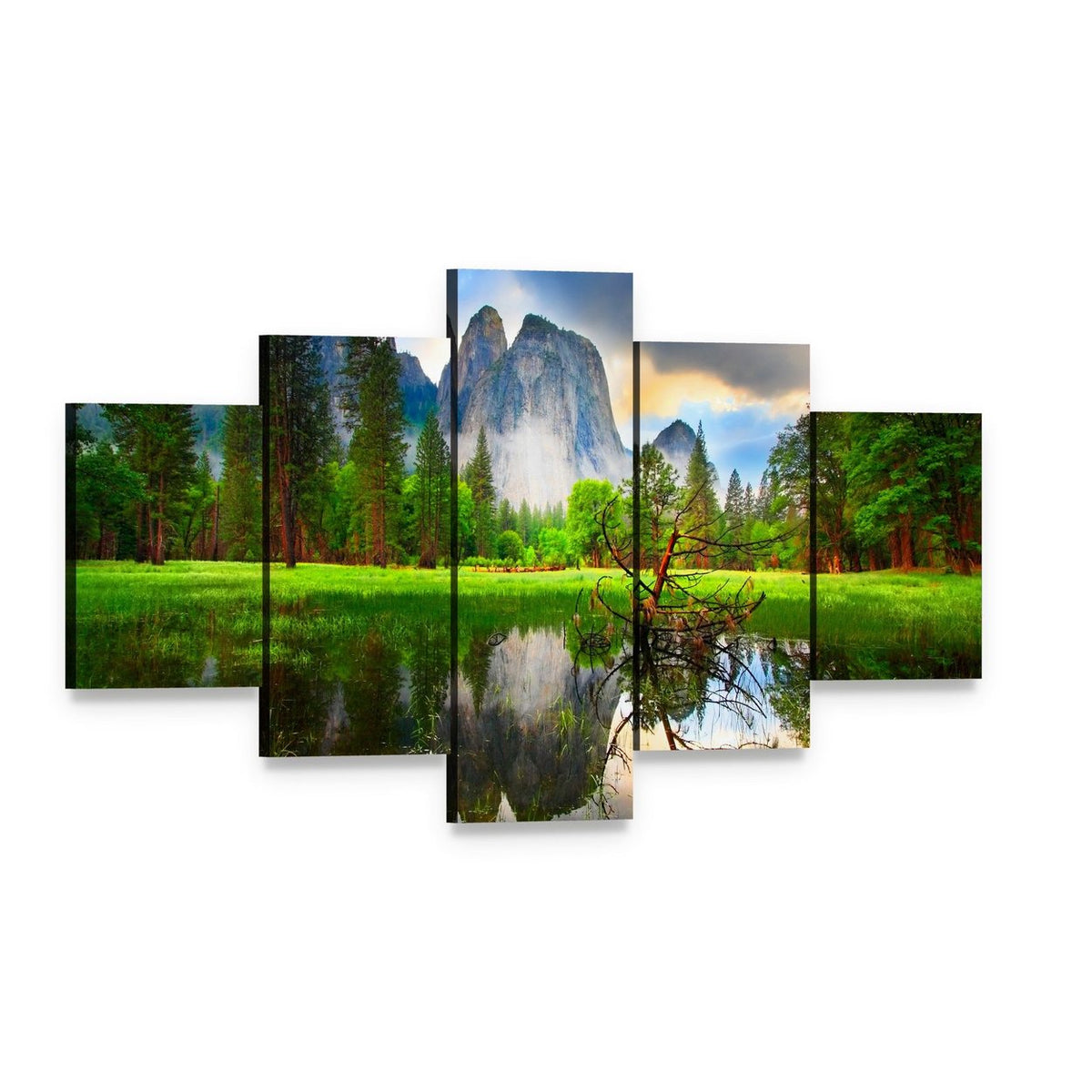 Sunset Reflections at Yosemite's Cathedral Rocks Canvas Wall Art, 5 panel 5 Star layout gallery wrapped canvas set, angled product view