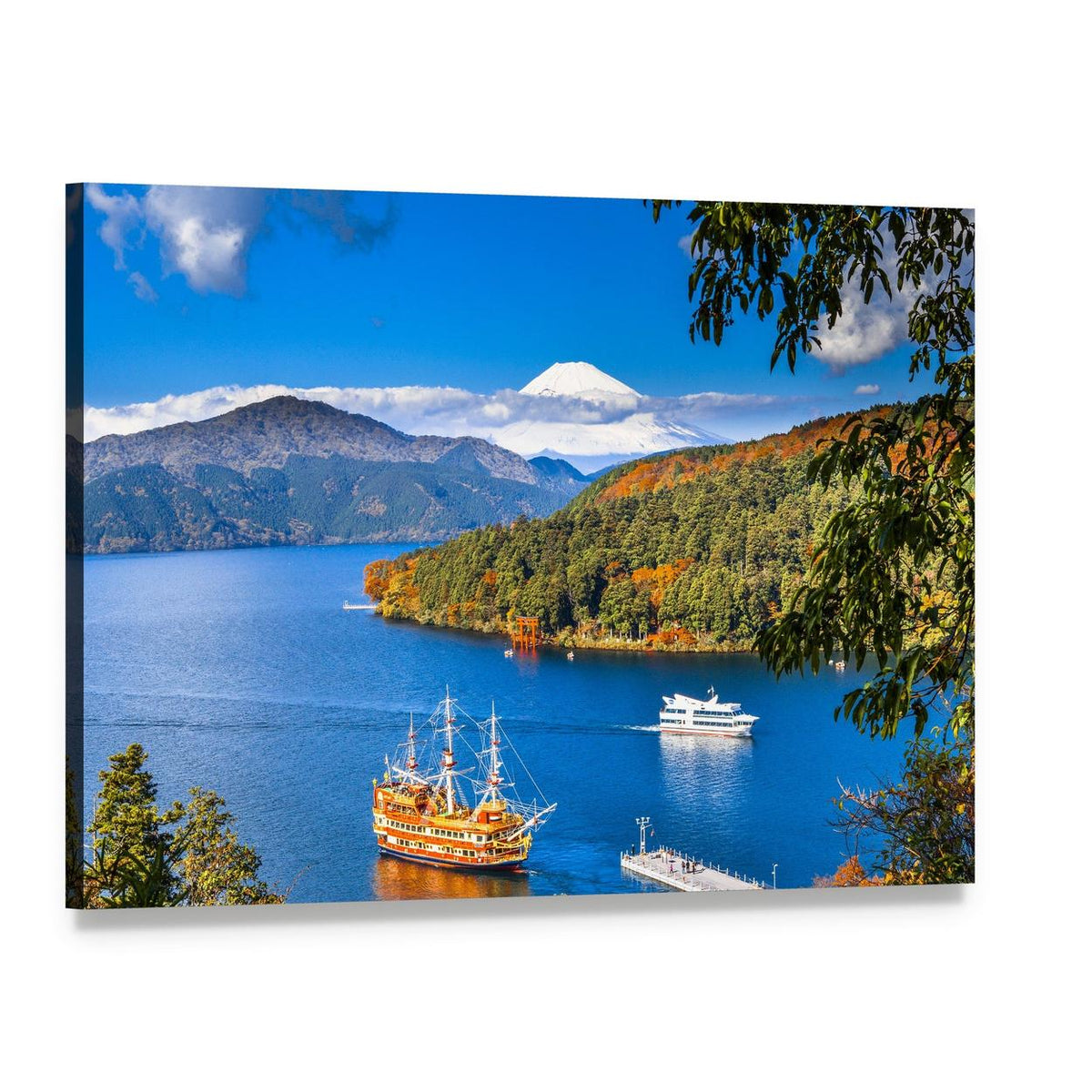 Lake Ashi and Mount Fuji Canvas Wall Art, single panel gallery wrapped canvas, angled product view