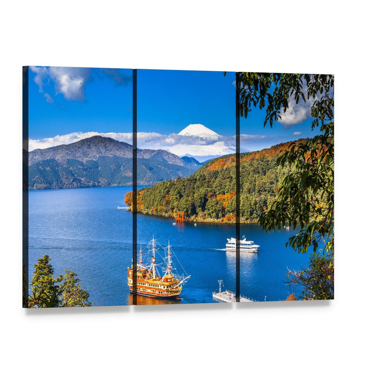 Lake Ashi and Mount Fuji Canvas Wall Art, 3 panel 3 Horizontal layout gallery wrapped canvas set, angled product view