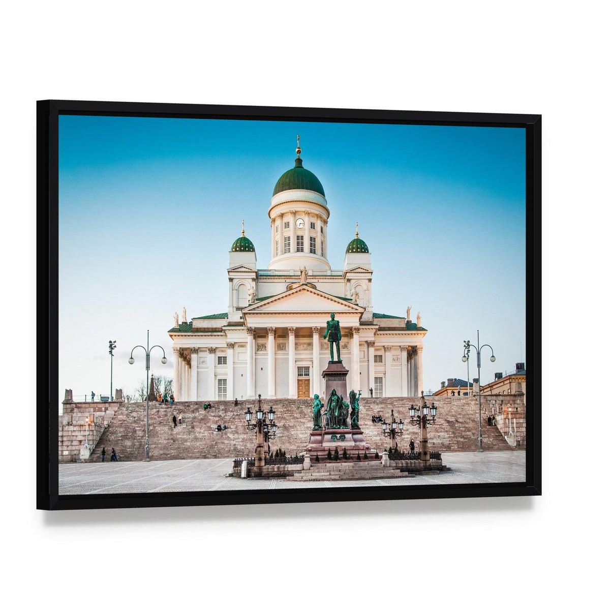 Helsinki Cathedral at Senate Square Canvas Wall Art, framed canvas in a black floater frame, angled product view