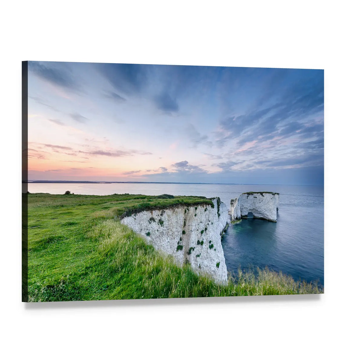 Sunset Over Chalk Cliffs and Sea Stack Canvas Wall Art, single panel gallery wrapped canvas, angled product view
