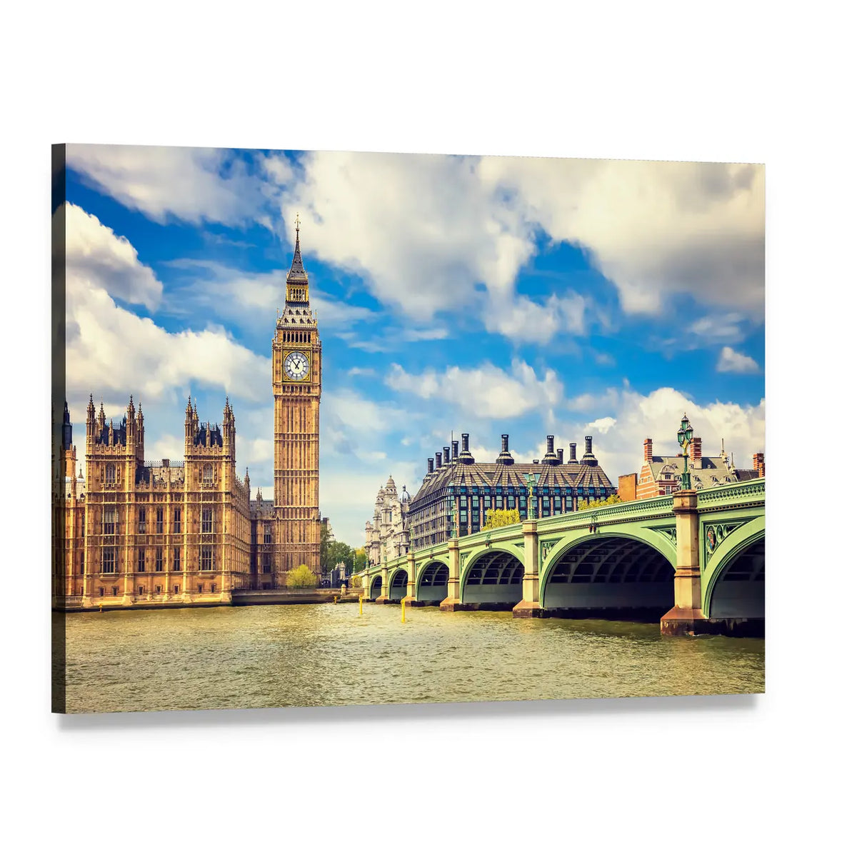 Westminster Bridge and Elizabeth Tower Canvas Wall Art, single panel gallery wrapped canvas, angled product view
