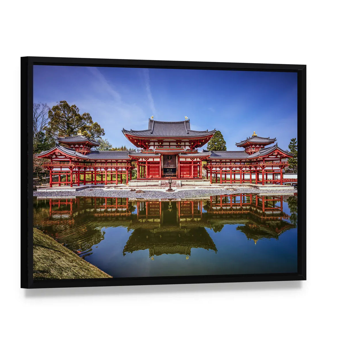 Byodo-in Temple Phoenix Hall Reflection Canvas Wall Art, framed canvas in a black floater frame, angled product view