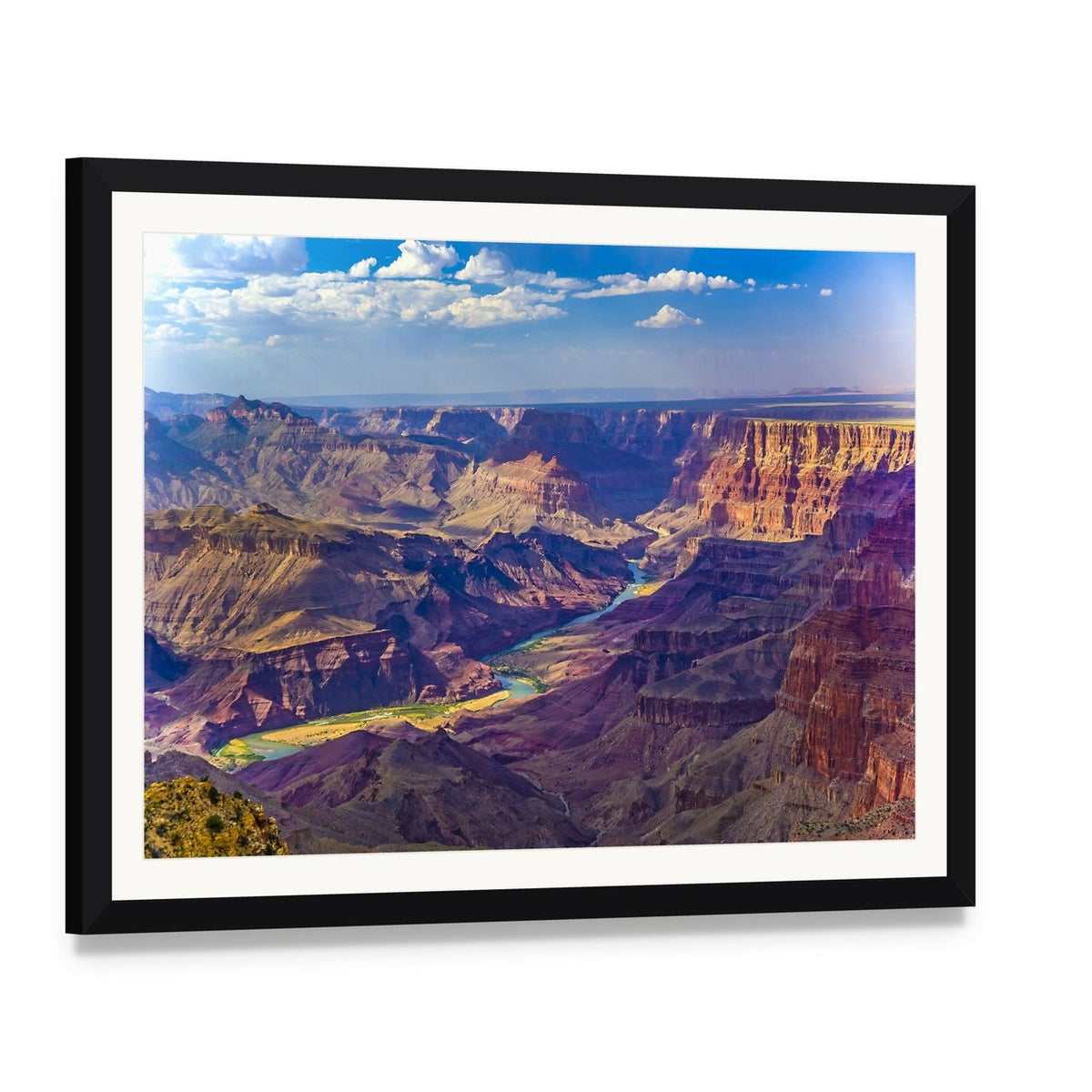 Grand Canyon with Colorado River Canvas Wall Art, framed print with white mat and black frame, angled product view