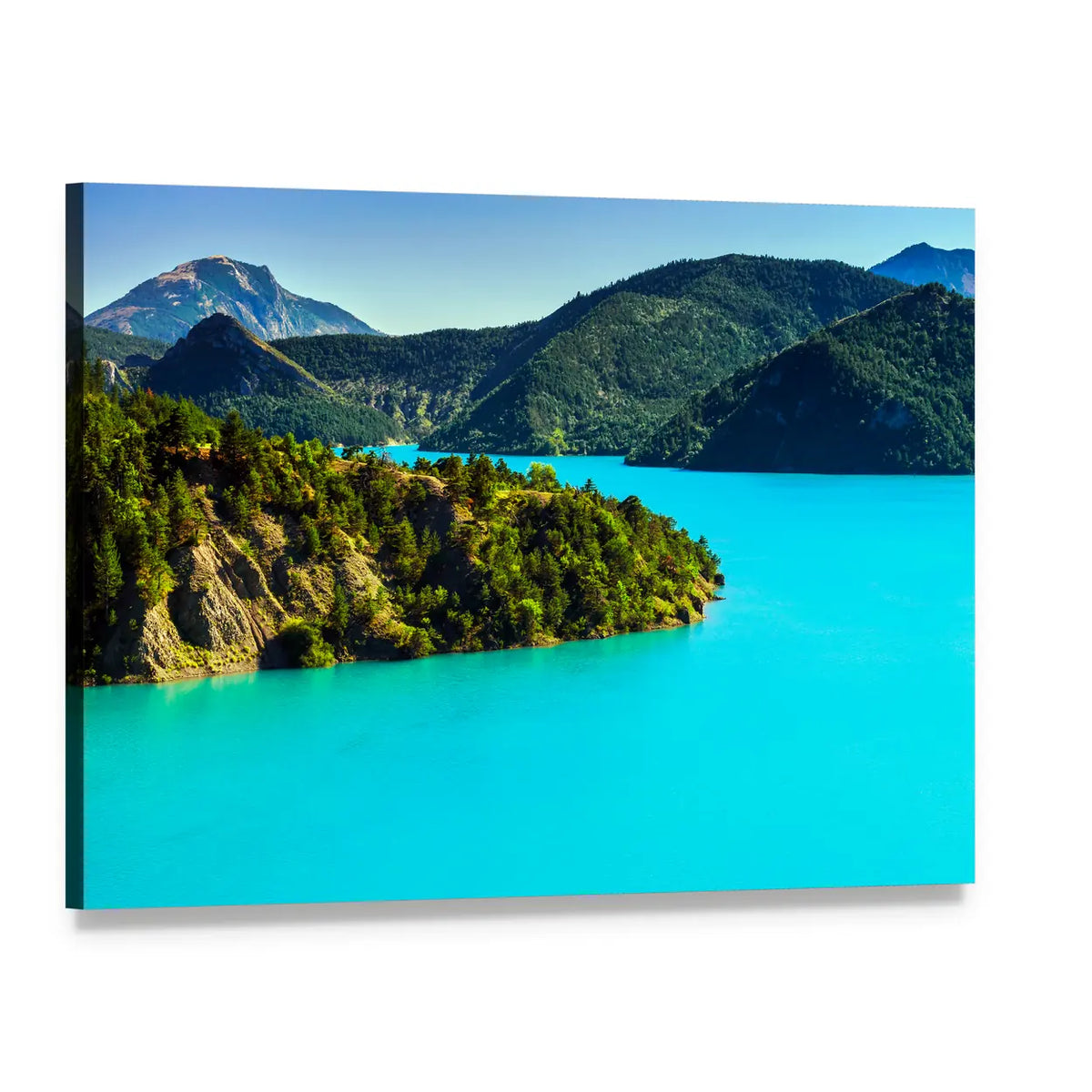 Azure Water of Lac De La Castillon Canvas Wall Art, single panel gallery wrapped canvas, angled product view