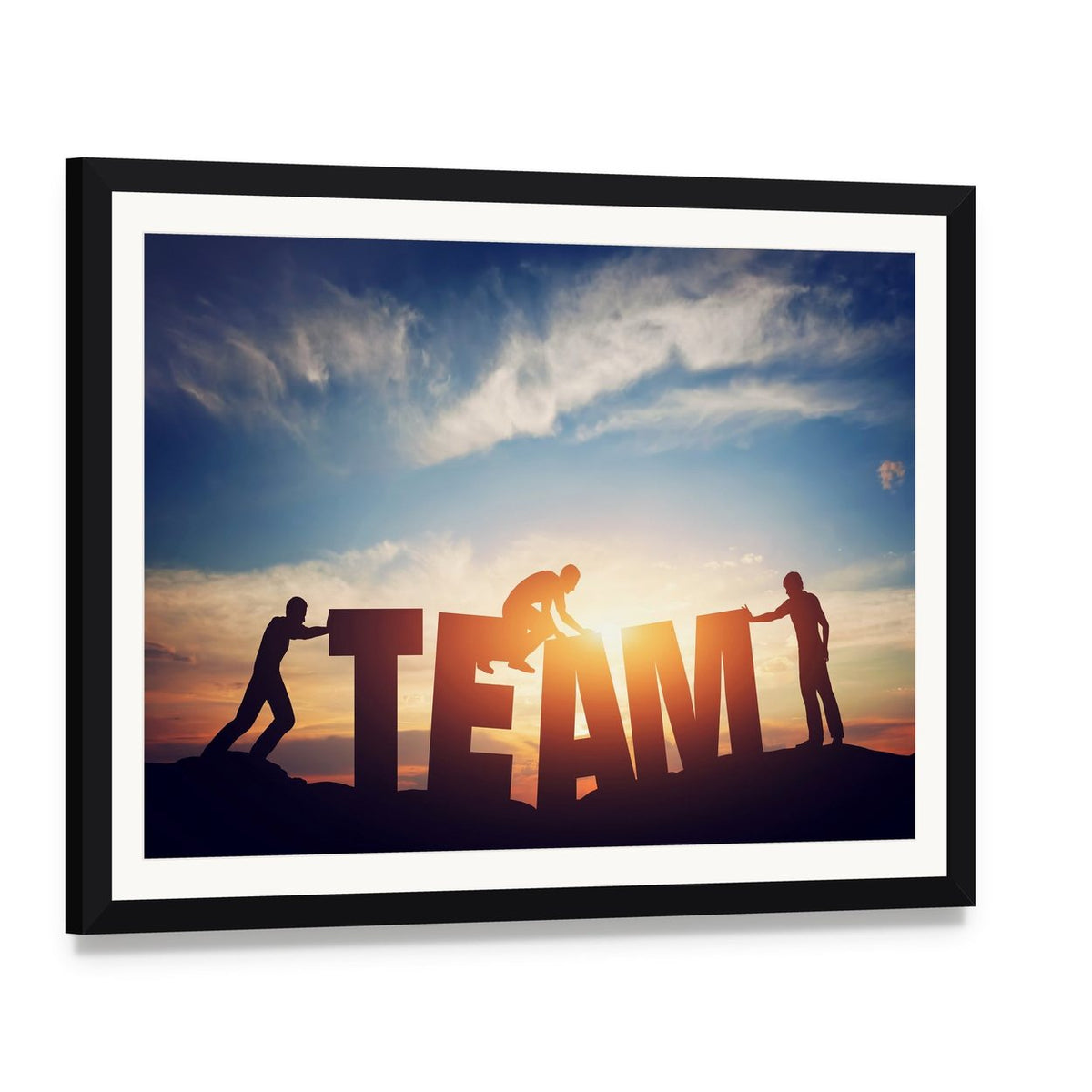 Team Lettering with Silhouetted Figures Canvas Wall Art, framed print with white mat and black frame, angled product view