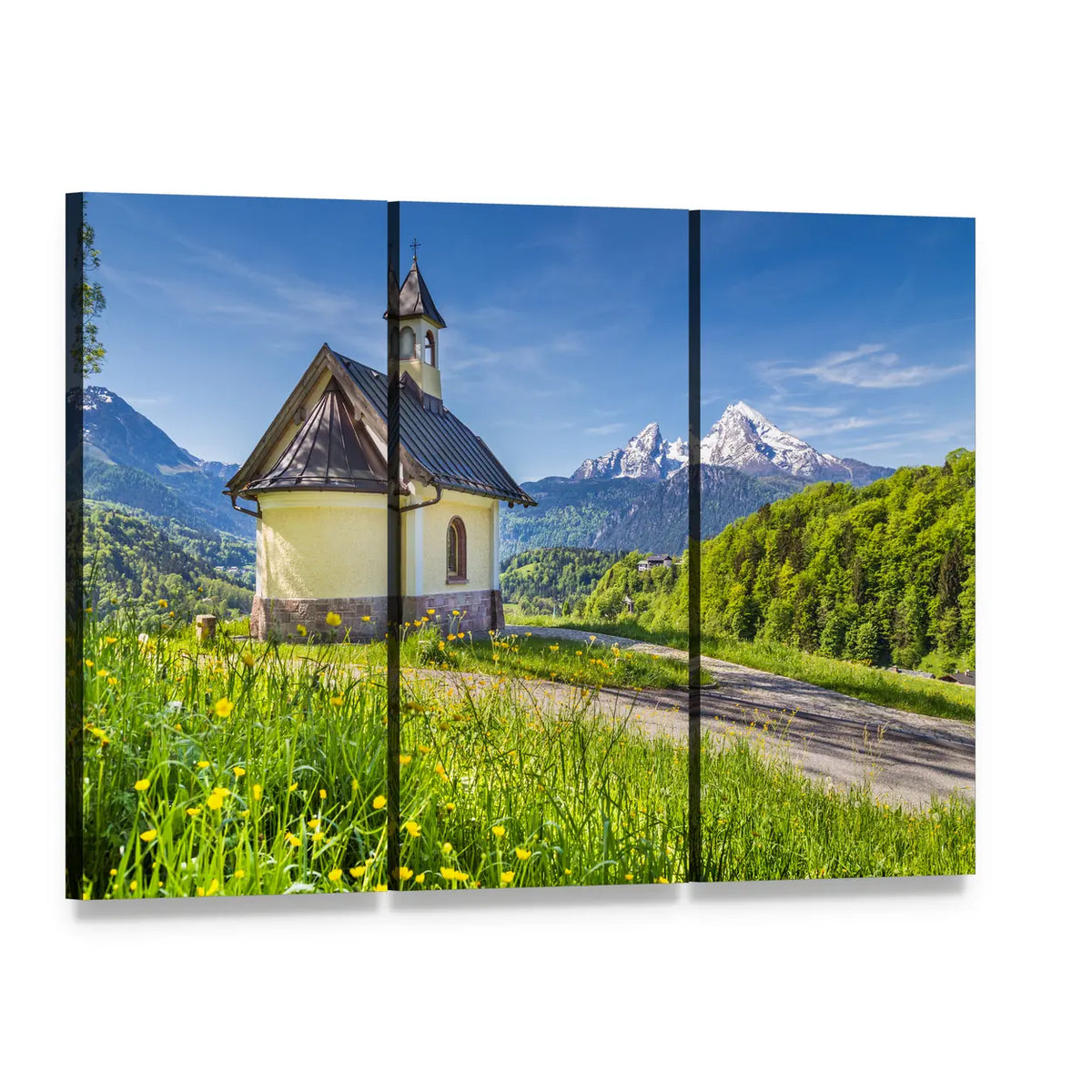 Chapel in Berchtesgaden Canvas Wall Art, 3 panel 3 Horizontal layout gallery wrapped canvas set, angled product view
