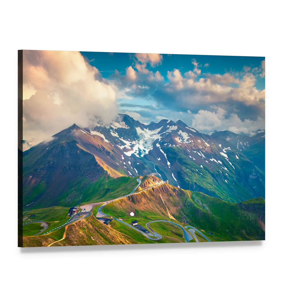 Birds-eye View of Alpine Switchback Road Canvas Wall Art, single panel gallery wrapped canvas, angled product view