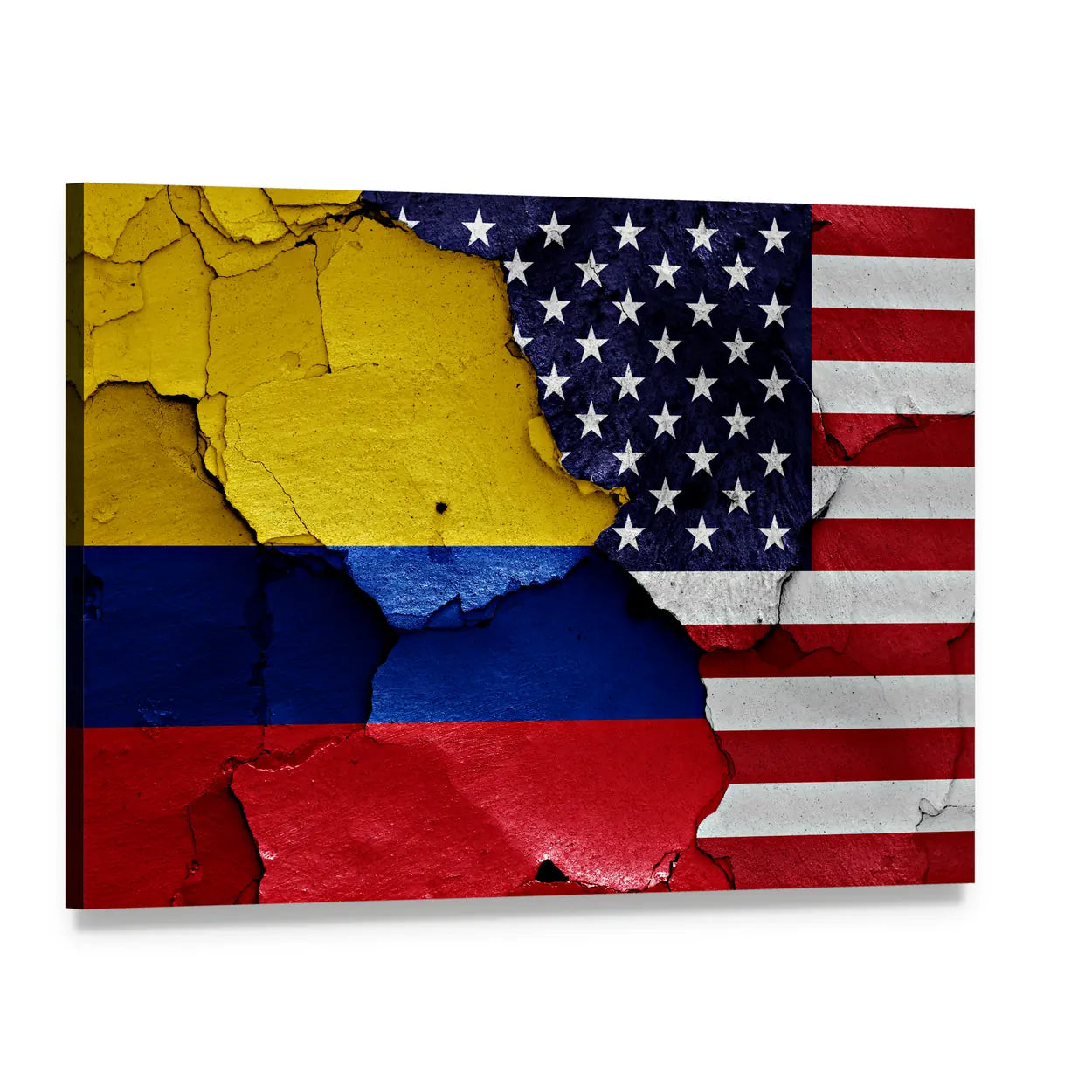 Colombian and American Weathered Flag Canvas Wall Art, single panel gallery wrapped canvas, angled product view