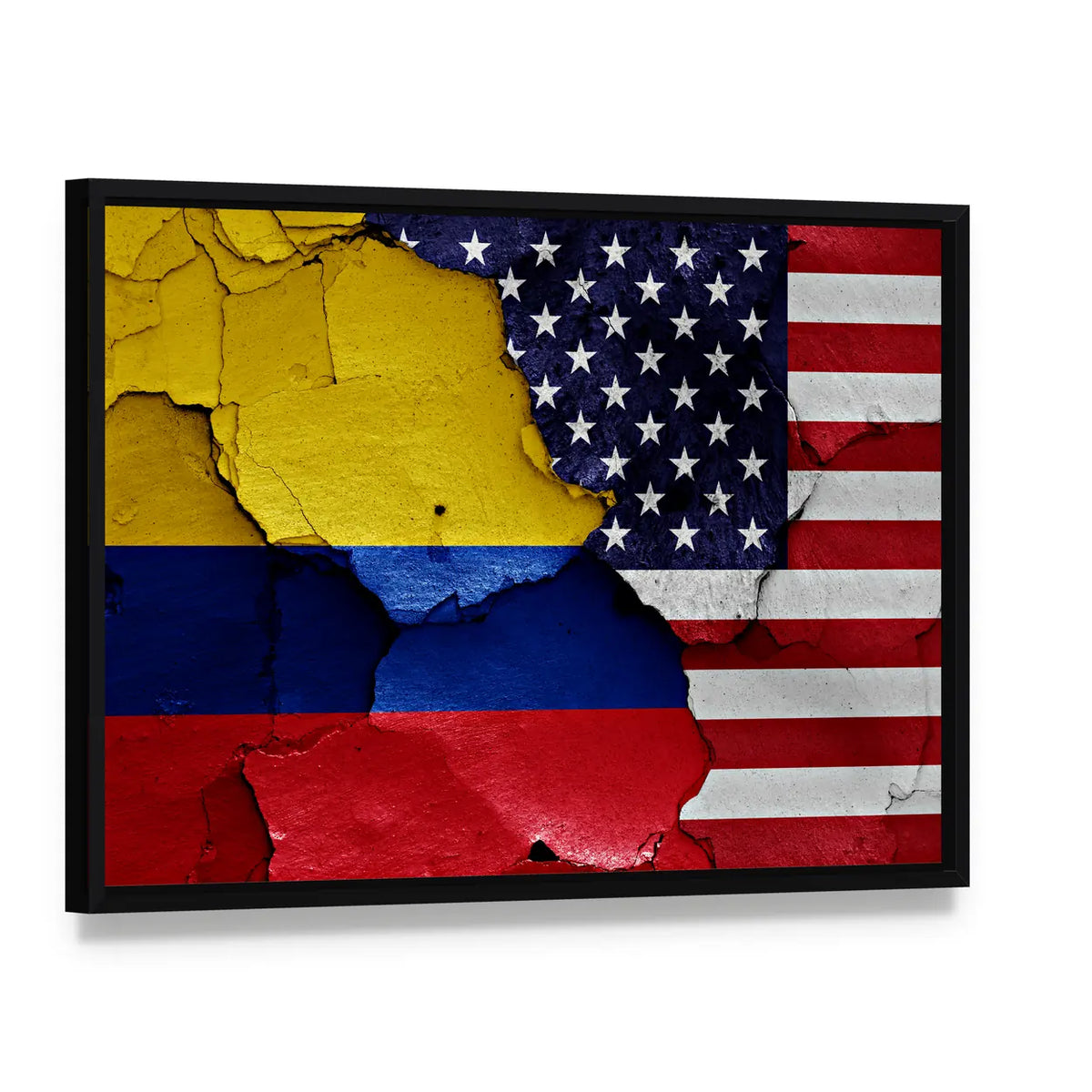 Colombian and American Weathered Flag Canvas Wall Art, framed canvas in a black floater frame, angled product view