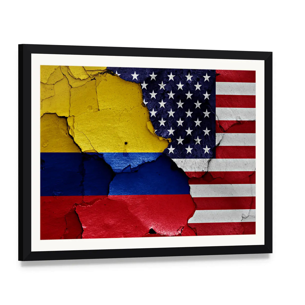 Colombian and American Weathered Flag Canvas Wall Art, framed print with white mat and black frame, angled product view
