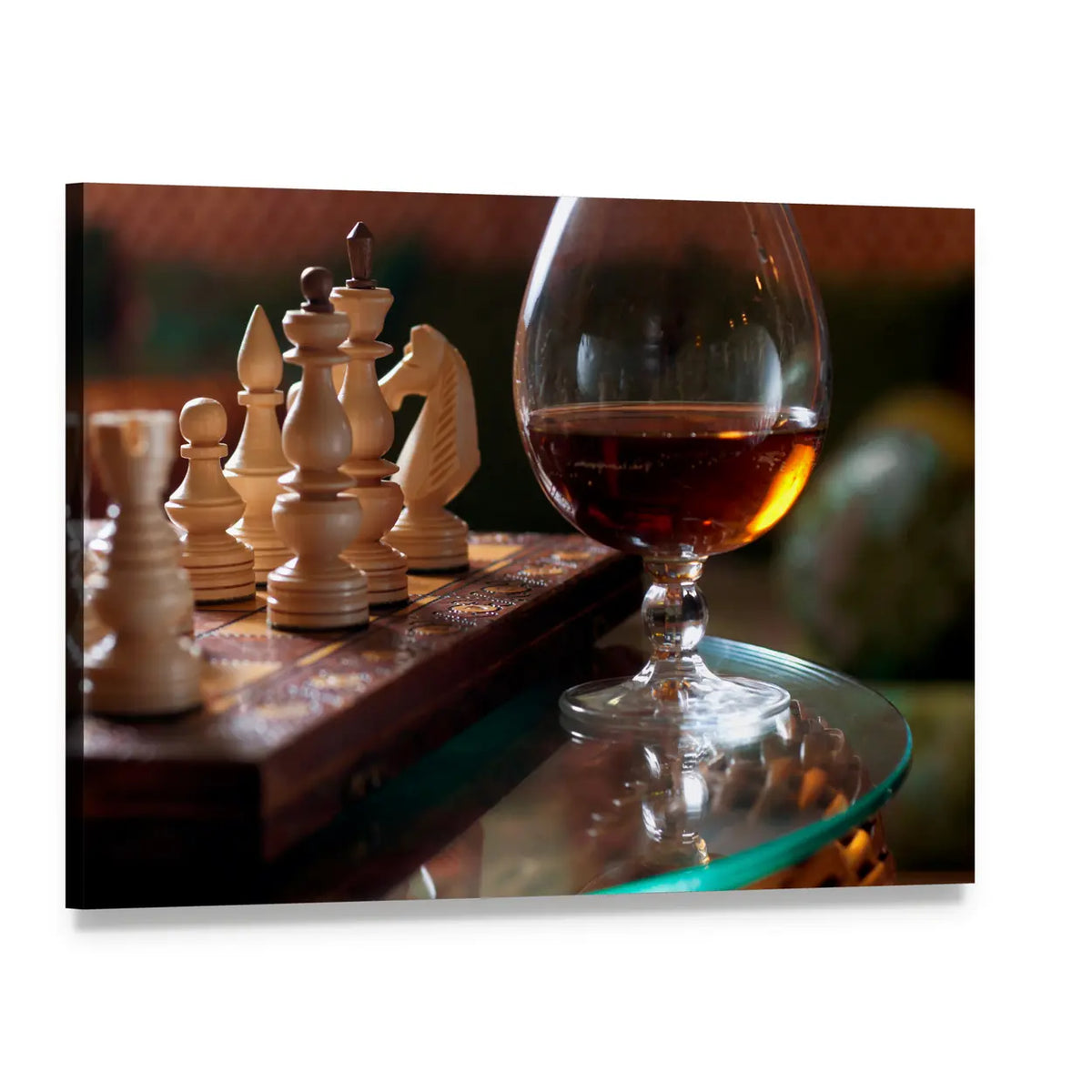 Wooden Chess Pieces and Cognac Glass Canvas Wall Art, single panel gallery wrapped canvas, angled product view