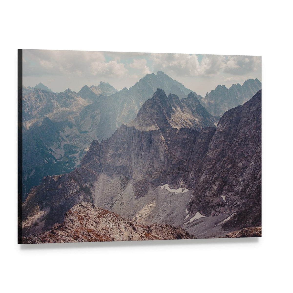 Layered Mountains with Snow Patches Canvas Wall Art, single panel gallery wrapped canvas, angled product view