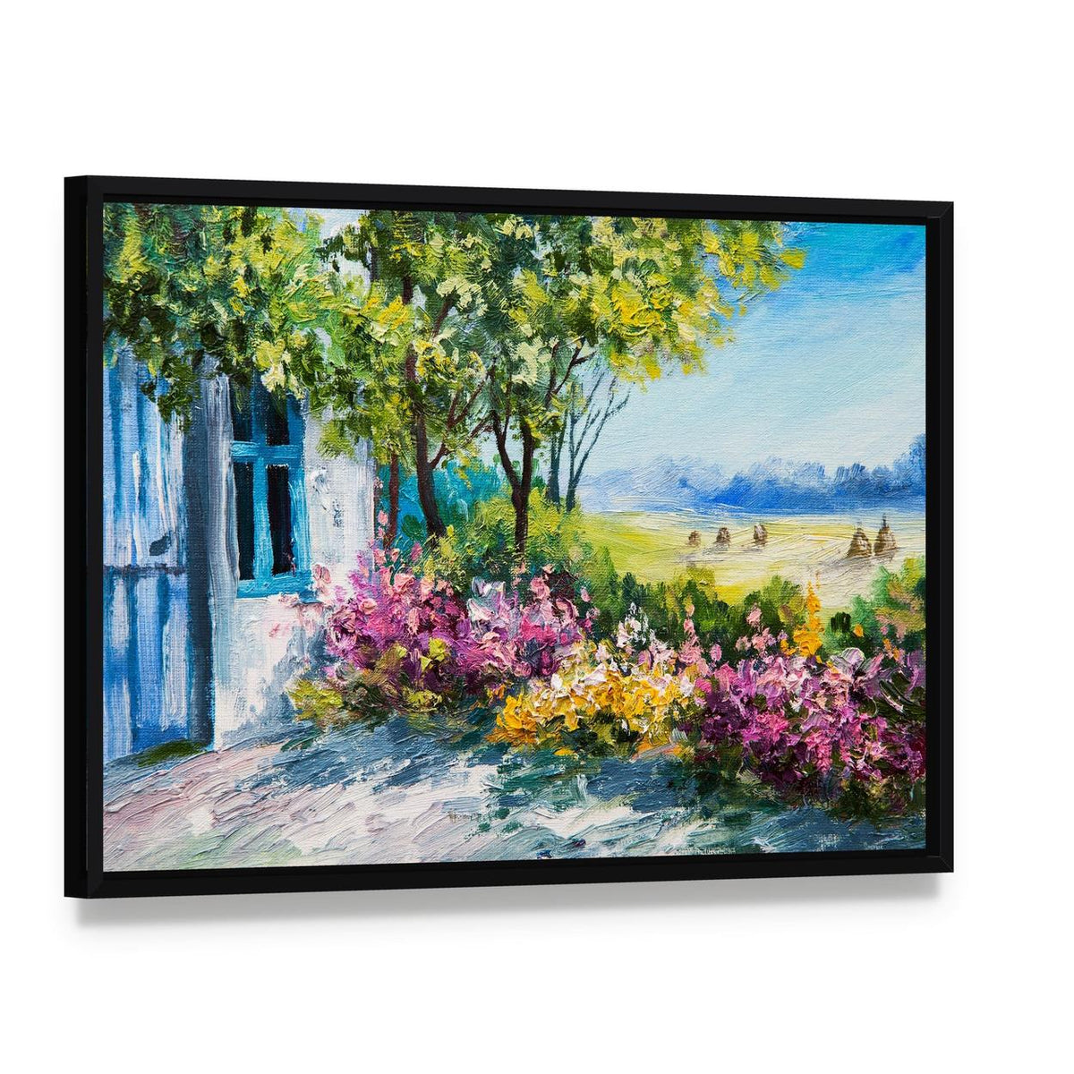 Garden Near the House Canvas Wall Art, framed canvas in a black floater frame, angled product view