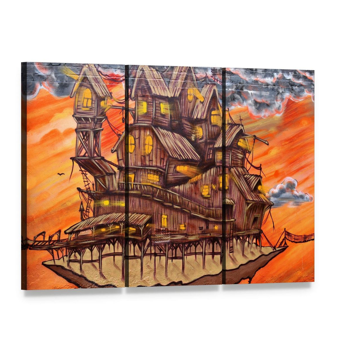 Haunted House Graffiti at Dusk Canvas Wall Art, 3 panel 3 Horizontal layout gallery wrapped canvas set, angled product view