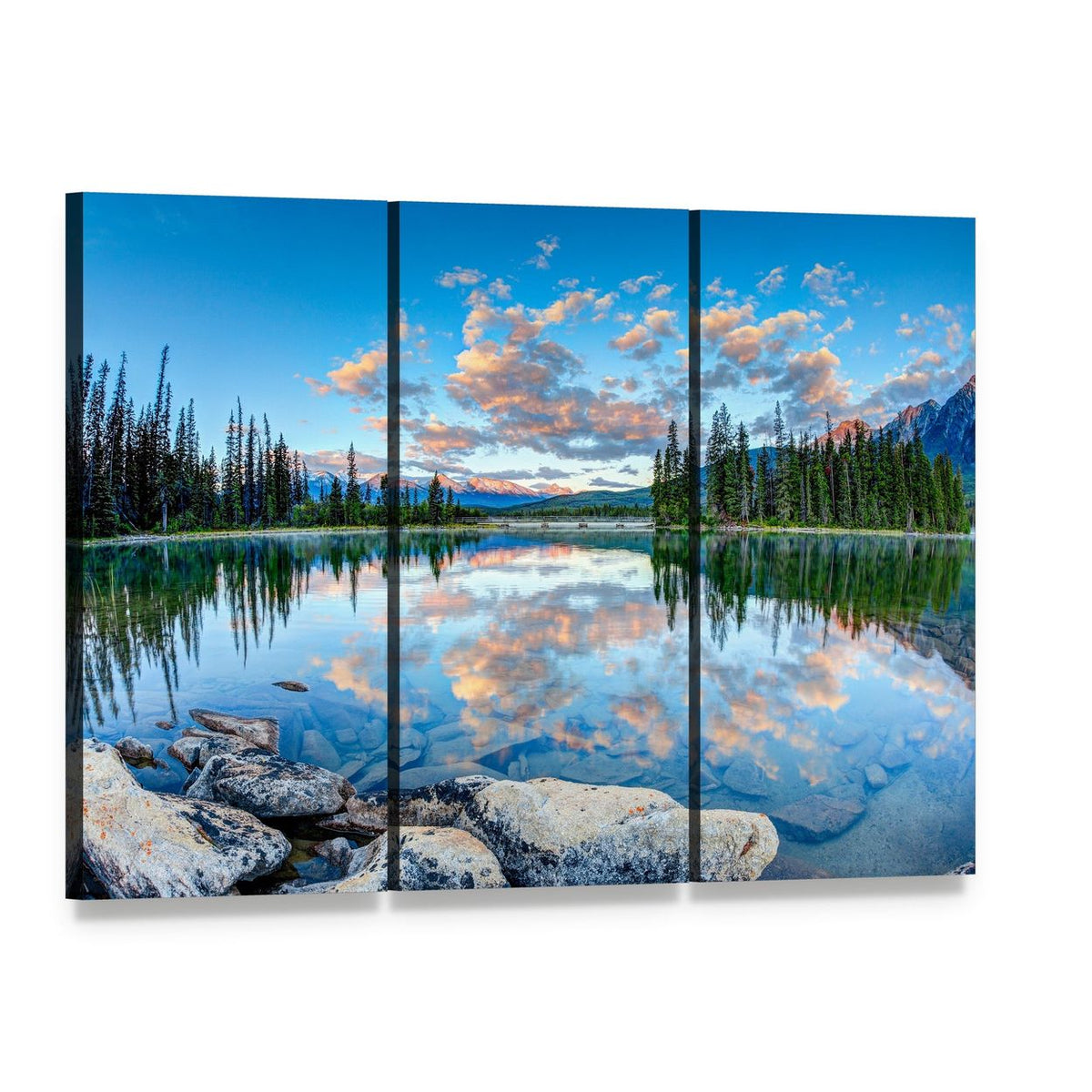 Pyramid Lake Morning Reflection Canvas Wall Art, 3 panel 3 Horizontal layout gallery wrapped canvas set, angled product view
