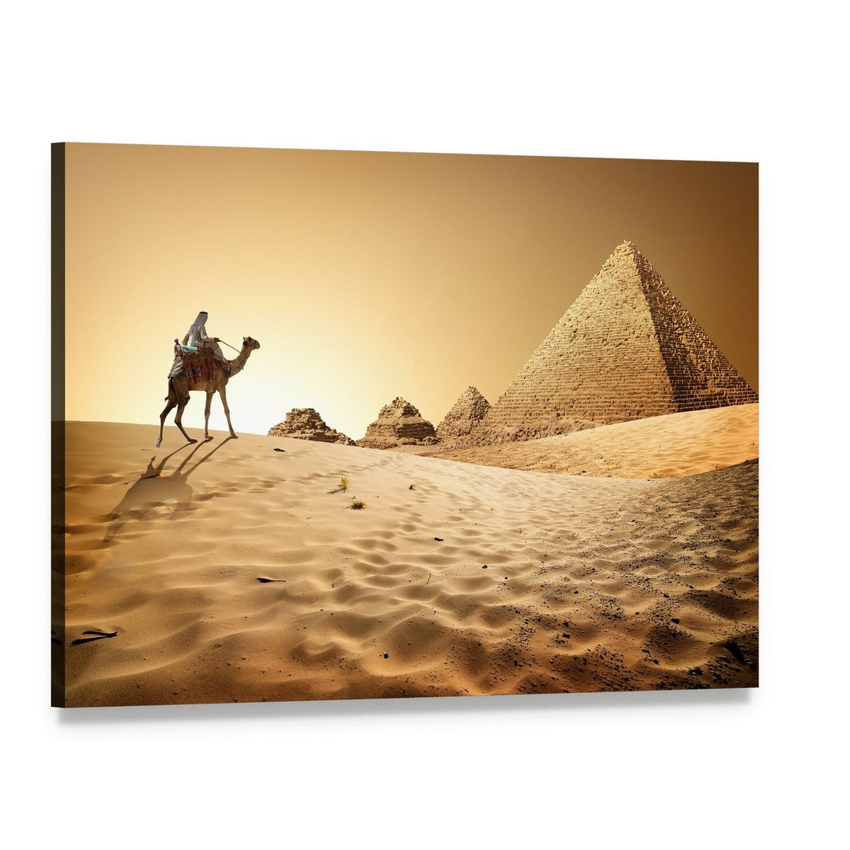 Camel in Golden Desert at Sunset Canvas Wall Art, single panel gallery wrapped canvas, angled product view