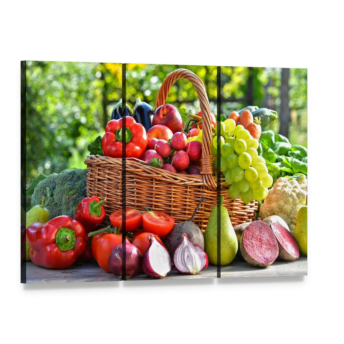 Organic Vegetables & Fruits Canvas Wall Art, 3 panel 3 Horizontal layout gallery wrapped canvas set, angled product view