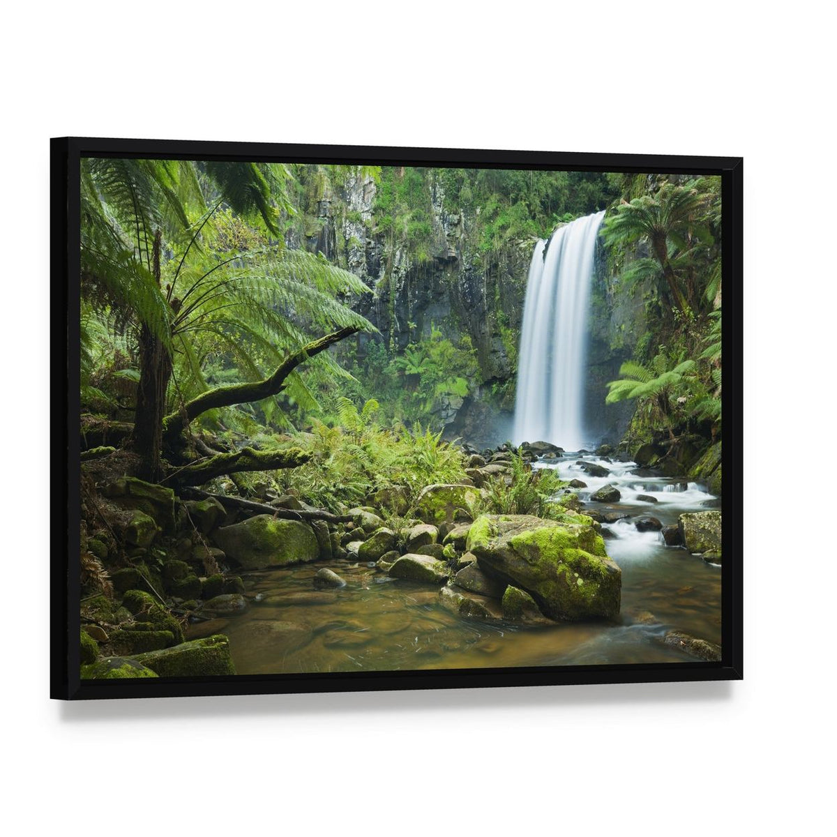 Hopetoun Falls Australia Canvas Wall Art, framed canvas in a black floater frame, angled product view