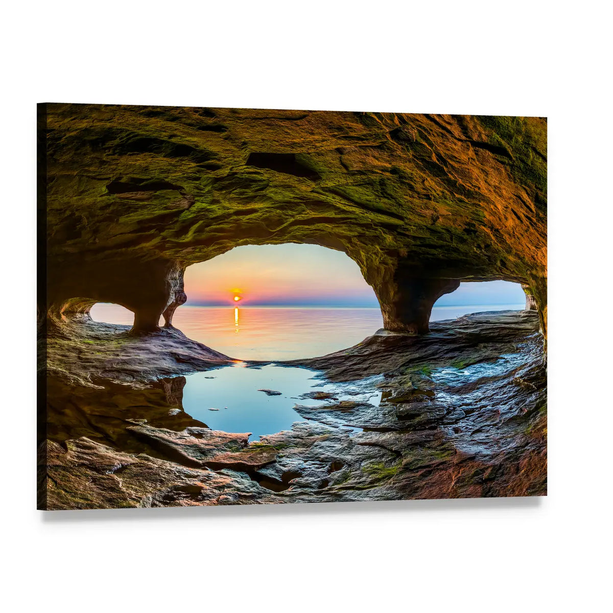 Lake Superior Sea Cave at Sunset Canvas Wall Art, single panel gallery wrapped canvas, angled product view