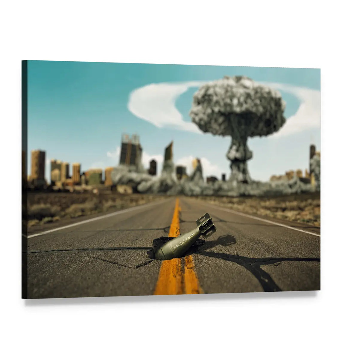 Unexploded Bomb on Cracked Road with Mushroom Cloud Canvas Wall Art, single panel gallery wrapped canvas, angled product view