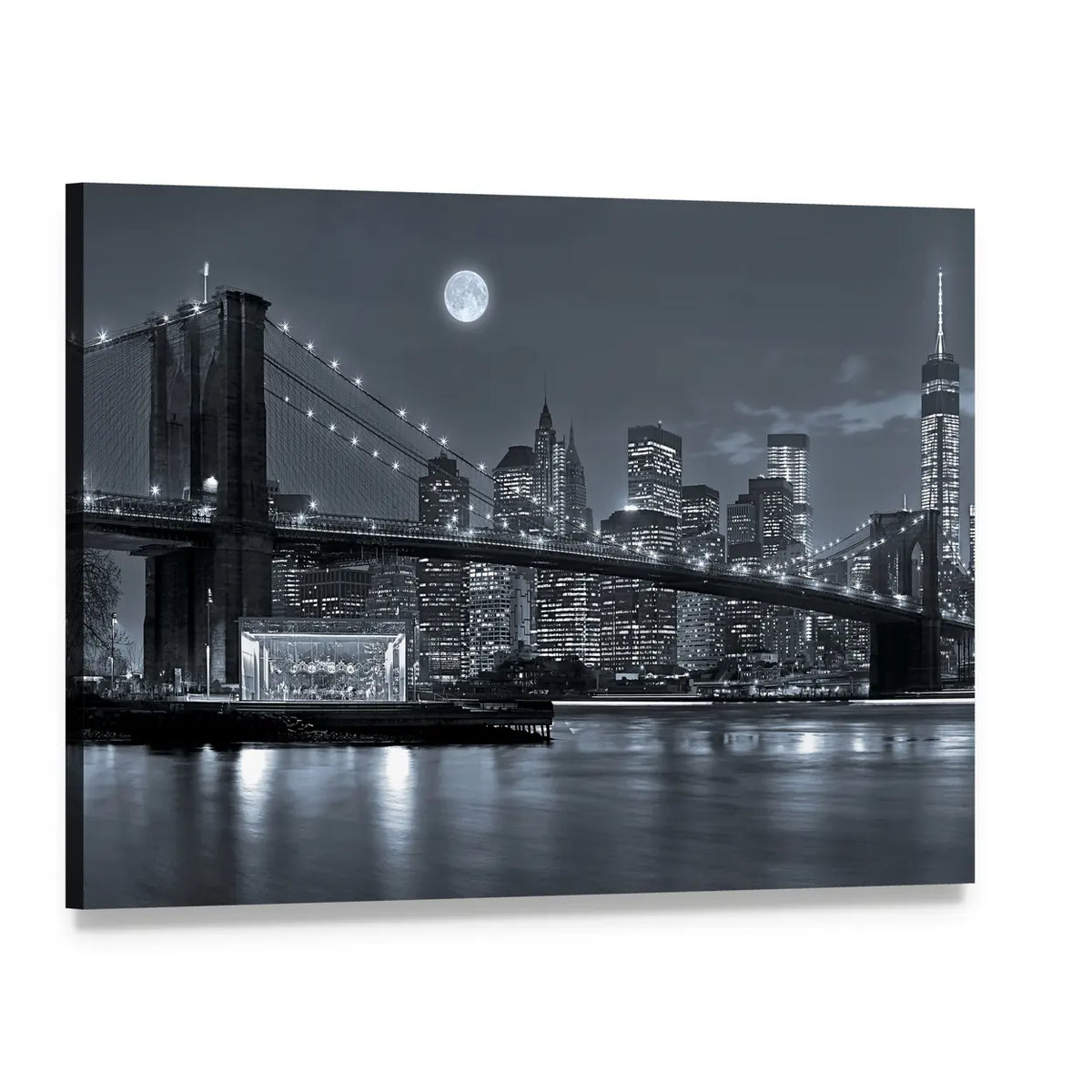 Brooklyn Bridge and Lower Manhattan by Moonlight Canvas Wall Art, single panel gallery wrapped canvas, angled product view
