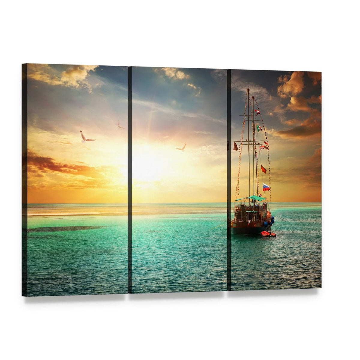 Yacht at Sunset on the Sea Canvas Wall Art, 3 panel 3 Horizontal layout gallery wrapped canvas set, angled product view