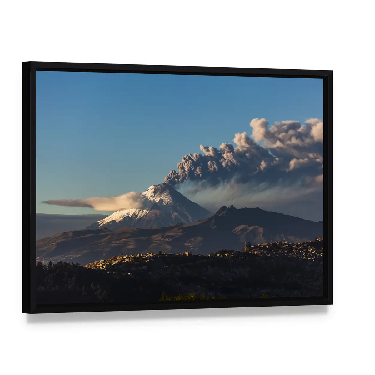 Cotopaxi Volcano Eruption with Snow-capped Peaks Canvas Wall Art, framed canvas in a black floater frame, angled product view