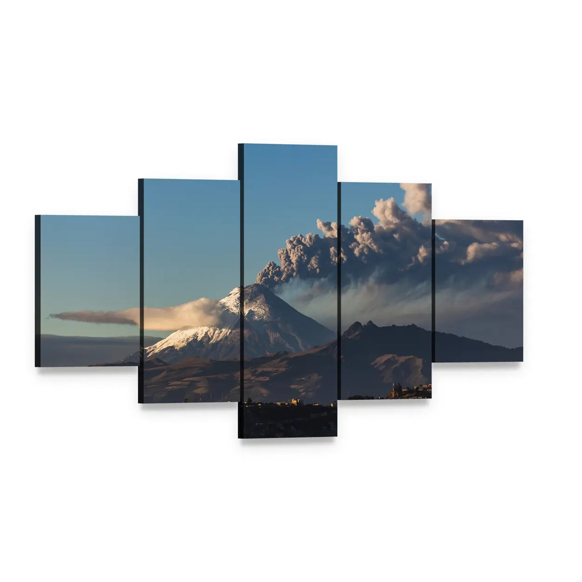 Cotopaxi Volcano Eruption with Snow-capped Peaks Canvas Wall Art, 5 panel 5 Star layout gallery wrapped canvas set, angled product view