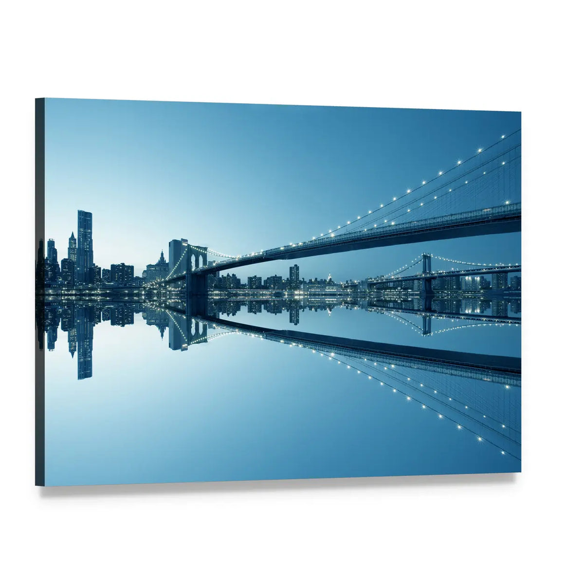 Brooklyn Bridge with Manhattan Skyline at Night Canvas Wall Art, single panel gallery wrapped canvas, angled product view