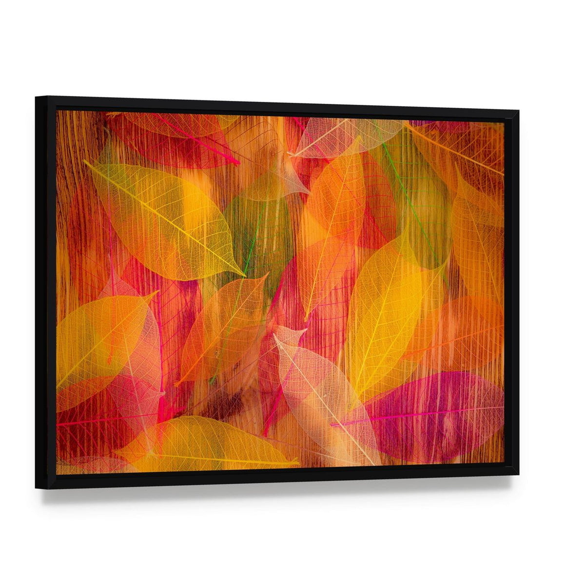 Autumn Leaves Abstract Canvas Wall Art, framed canvas in a black floater frame, angled product view