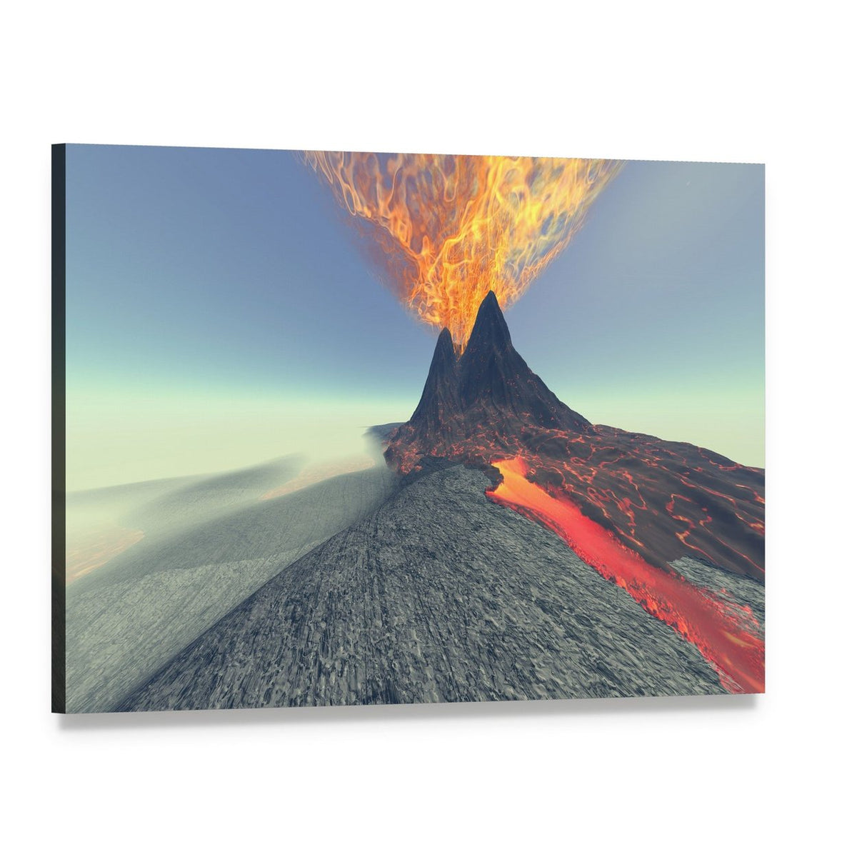 Volcano with Fire Smoke and Lava Canvas Wall Art, single panel gallery wrapped canvas, angled product view