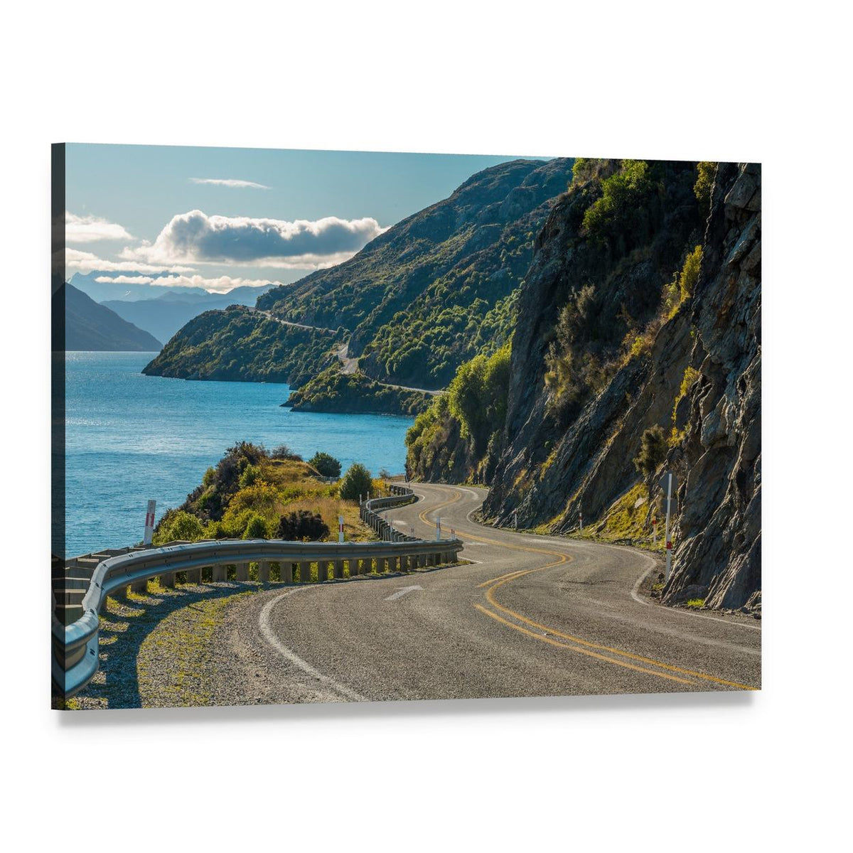 Winding Road Along Mountain Lake Canvas Wall Art, single panel gallery wrapped canvas, angled product view