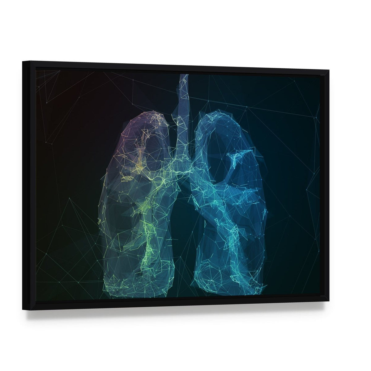 Wireframe Human Lungs Digital Canvas Wall Art, framed canvas in a black floater frame, angled product view