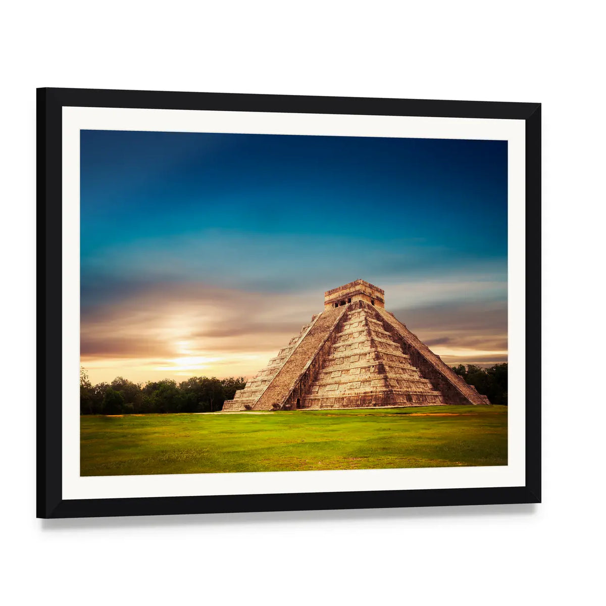 Temple of Kukulkan at Sunset Canvas Wall Art, framed print with white mat and black frame, angled product view
