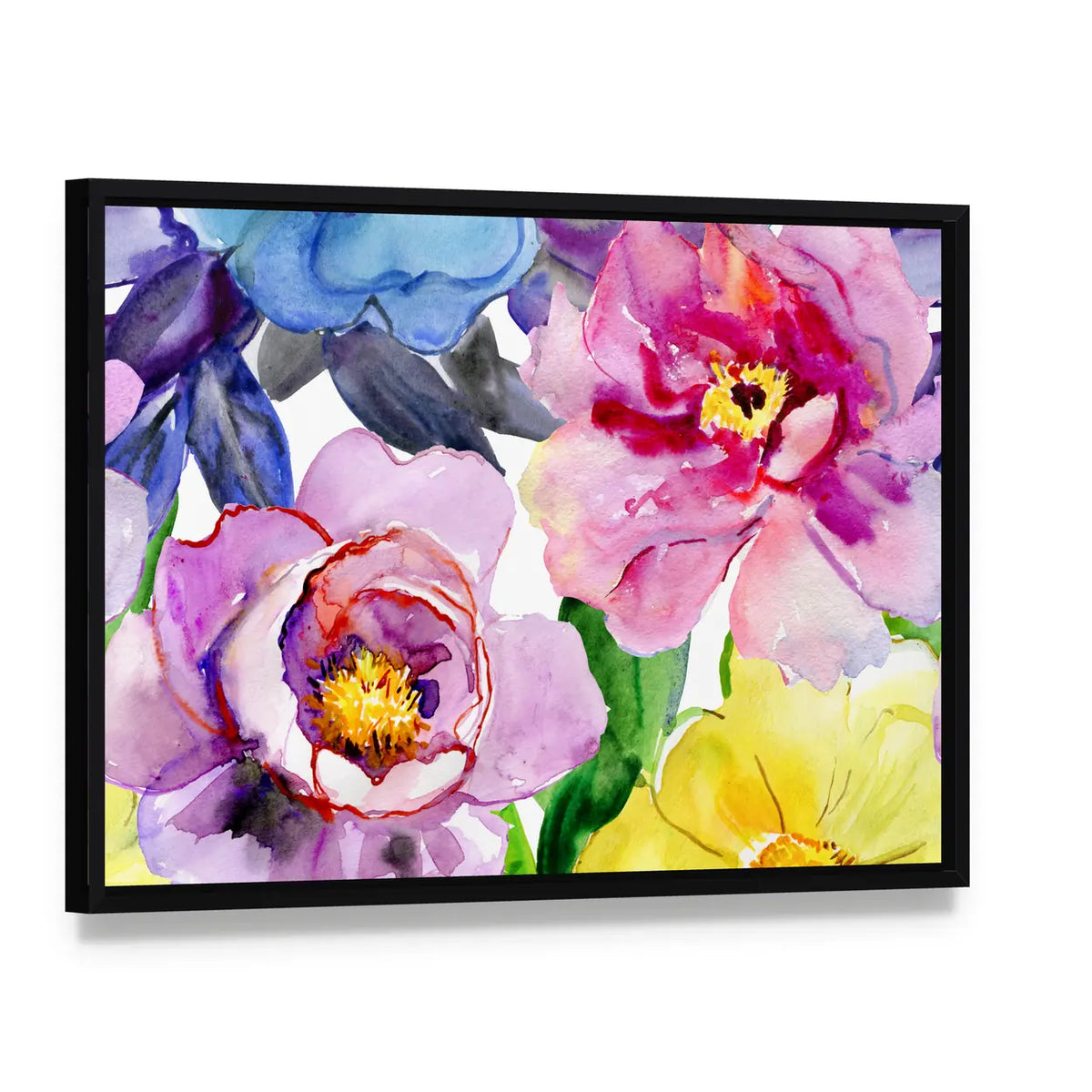 Seamless Watercolor Peonies and Poppies Canvas Wall Art, framed canvas in a black floater frame, angled product view